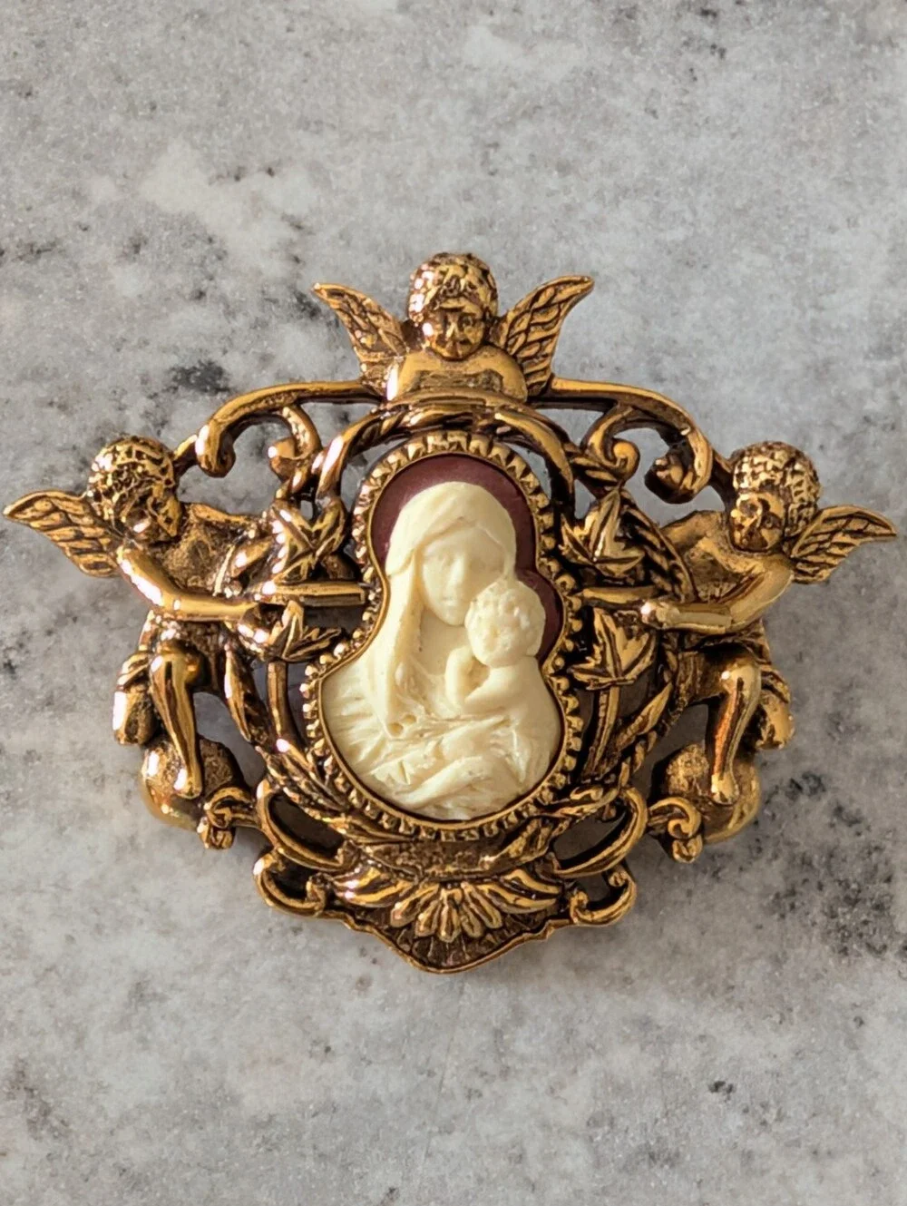 Gold-Tone Cherub Madonna and Child Brooch